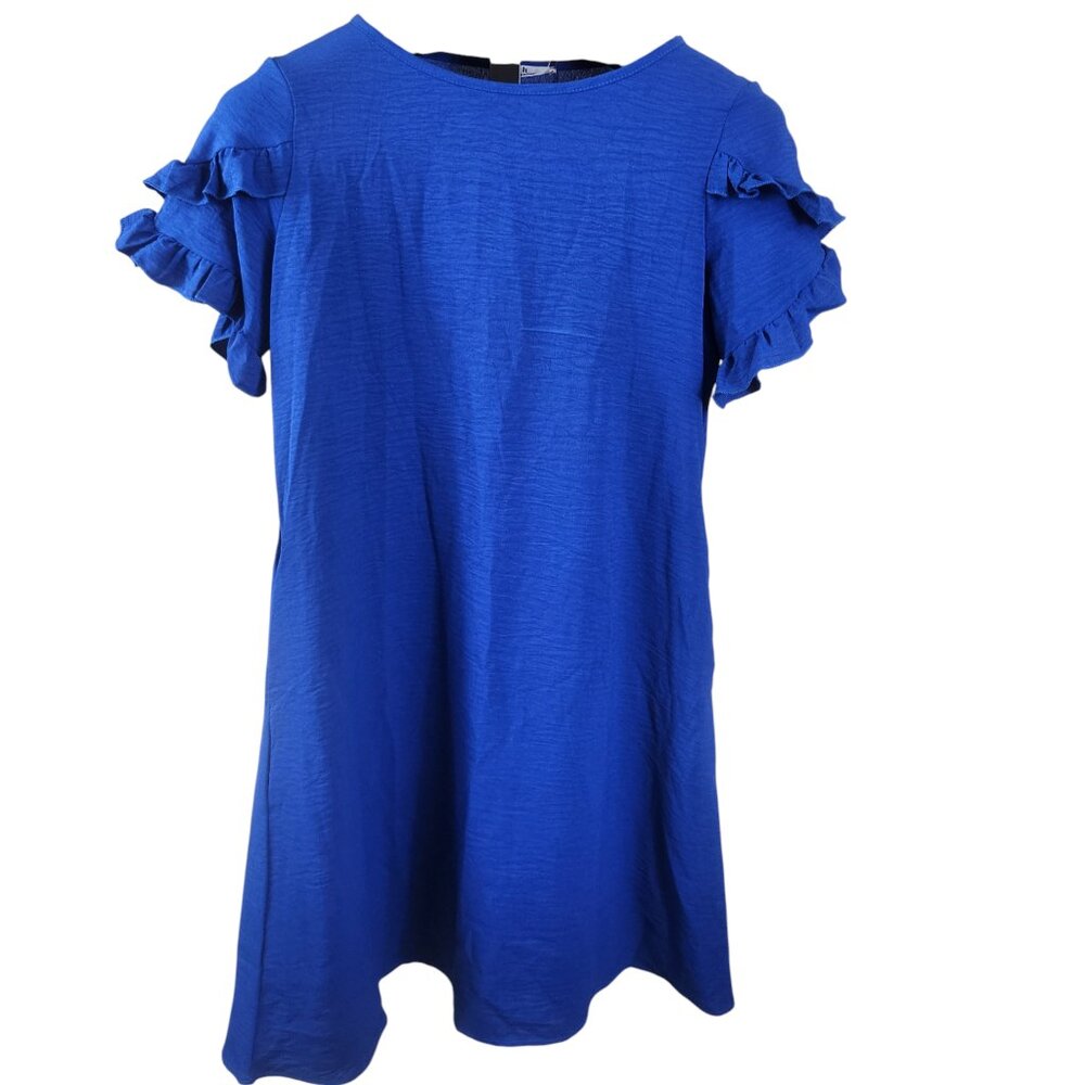 Royal Blue Crinkle Material Ruffle Cap Sleeve Shirt Dress w/ Pockets